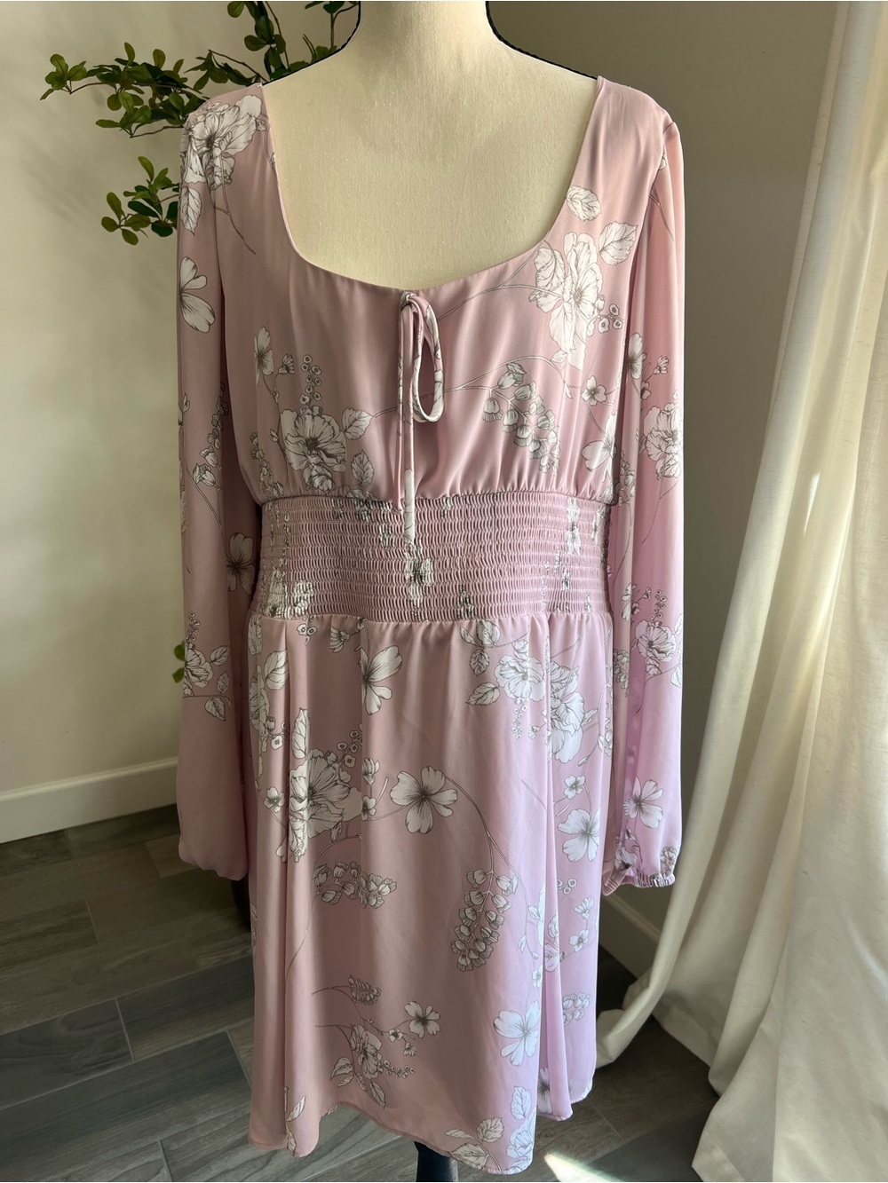 Women’s Pink Floral Long Sleeve Smocked Waist Dress Size XL Wedding Formal